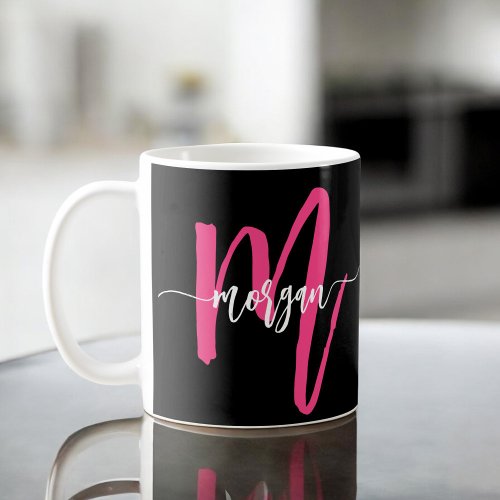 Monogram Stylish Modern Hot Pink Black Coffee Mug