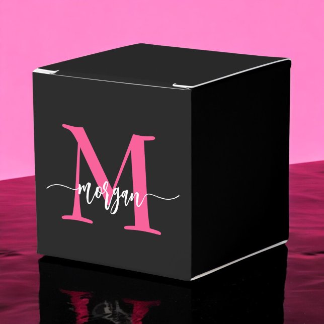 Monogram Stylish Modern Hot Pink Black Favor Boxes (Creator Uploaded)