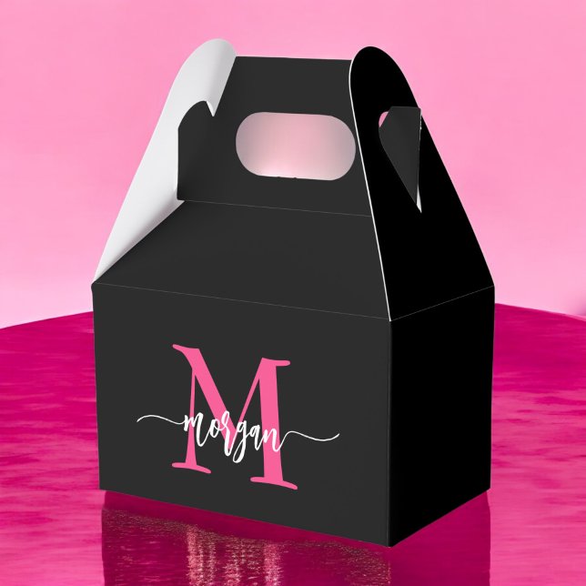 Monogram Stylish Modern Hot Pink Black Favor Boxes (Creator Uploaded)