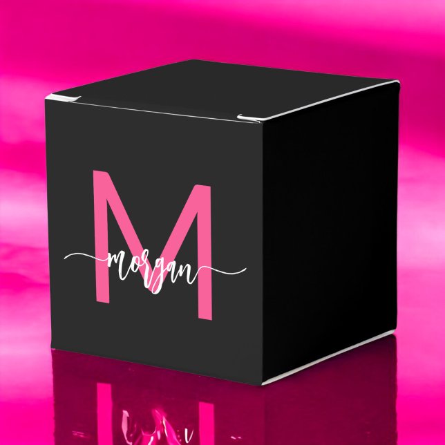 Monogram Stylish Modern Hot Pink Black Favor Boxes (Creator Uploaded)