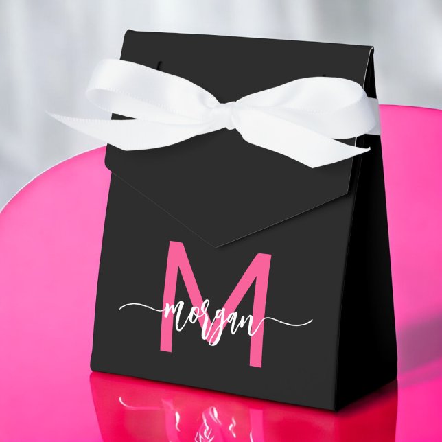 Monogram Stylish Modern Hot Pink Black Favor Boxes (Creator Uploaded)