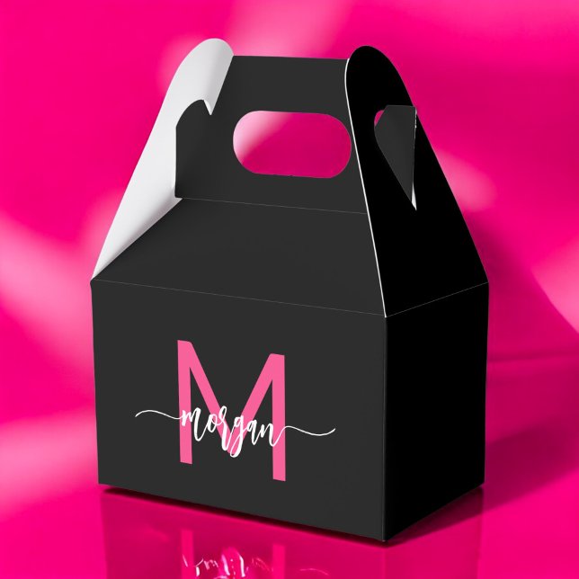 Monogram Stylish Modern Hot Pink Black Favor Boxes (Creator Uploaded)