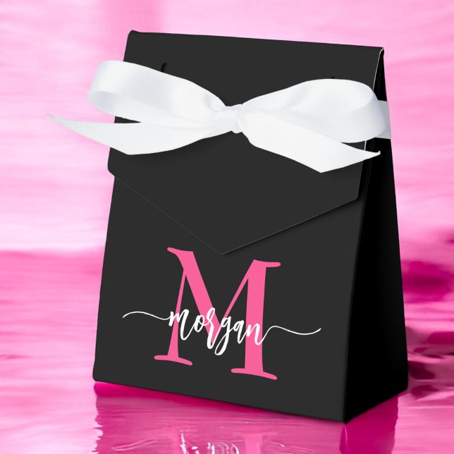 Monogram Stylish Modern Hot Pink Black Favor Boxes (Creator Uploaded)
