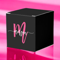 Monogram Stylish Modern Hot Pink Black Favor Boxes