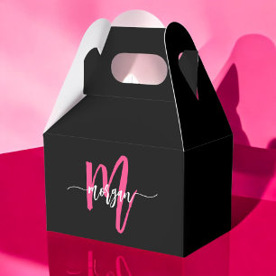 Monogram Stylish Modern Hot Pink Black Favor Boxes