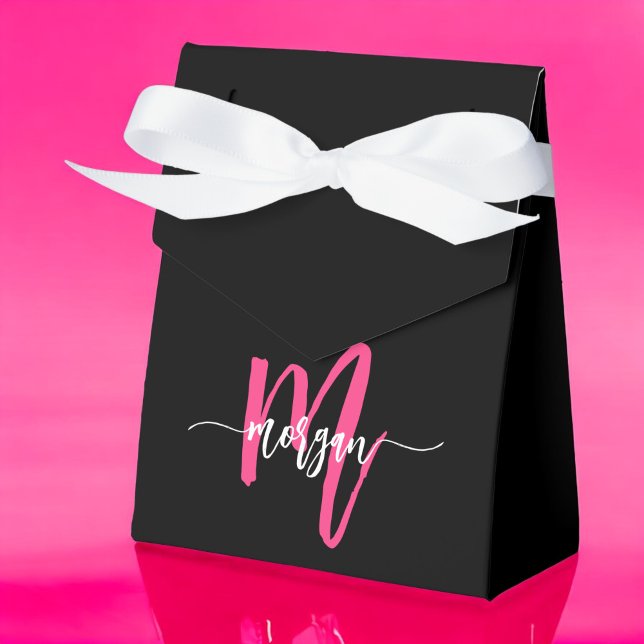 Monogram Stylish Modern Hot Pink Black Favor Boxes (Creator Uploaded)