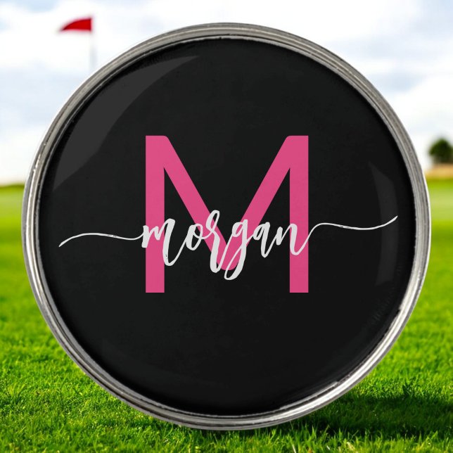 Monogram Stylish Modern Hot Pink Black Golf Ball Marker (Creator Uploaded)