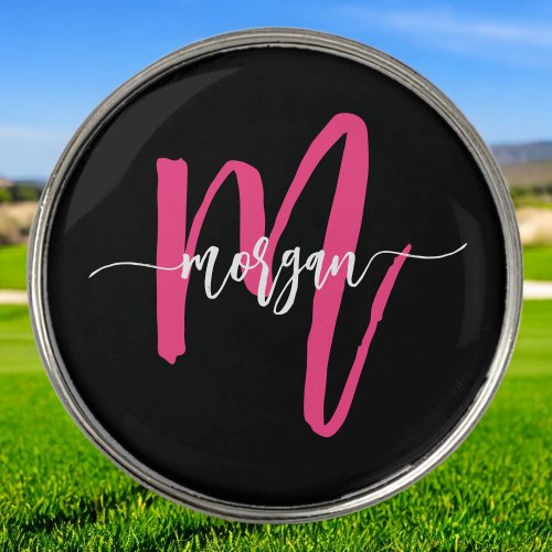 Monogram Stylish Modern Hot Pink Black Golf Ball Marker