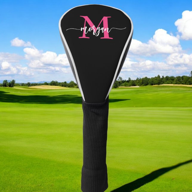 Monogram Stylish Modern Hot Pink Black Golf Head Cover (Creator Uploaded)