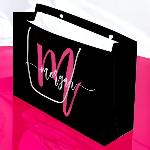 Monogram Stylish Modern Hot Pink Black Large Gift Bag