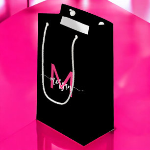 Monogram Stylish Modern Hot Pink Black Small Gift Bag