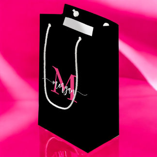 Monogram Stylish Modern Hot Pink Black Small Gift Bag