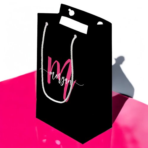 Monogram Stylish Modern Hot Pink Black Small Gift Bag