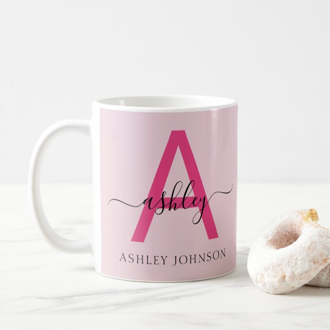Monogram Stylish Modern Hot Pink Coffee Mug (With Donut)