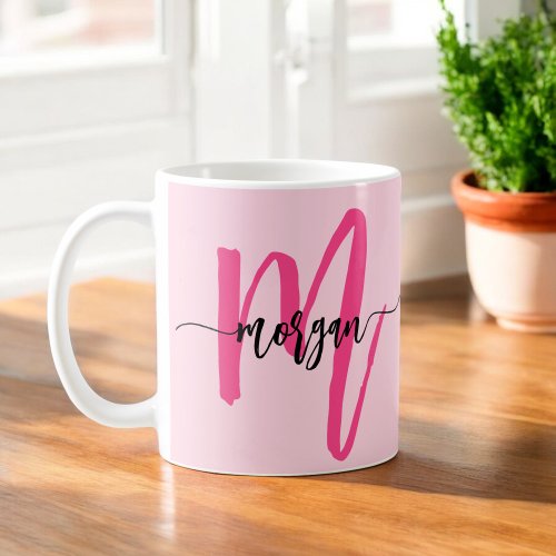 Monogram Stylish Modern Hot Pink Coffee Mug