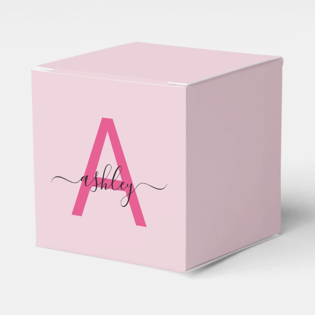Monogram Stylish Modern Hot Pink Favor Boxes (Front Side)