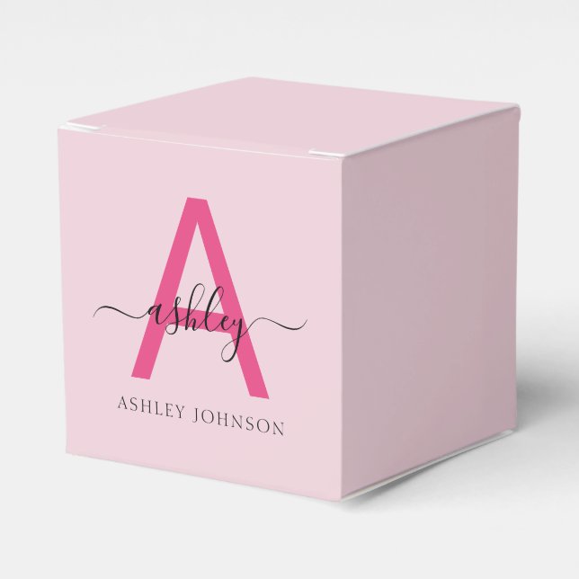 Monogram Stylish Modern Hot Pink Favor Boxes (Front Side)
