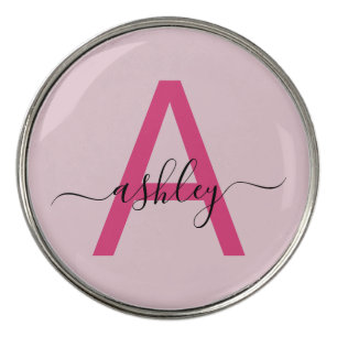 Monogram Stylish Modern Hot Pink Golf Ball Marker