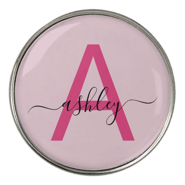 Monogram Stylish Modern Hot Pink Golf Ball Marker (Front)