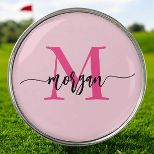 Monogram Stylish Modern Hot Pink Golf Ball Marker