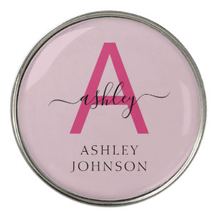 Monogram Stylish Modern Hot Pink Golf Ball Marker