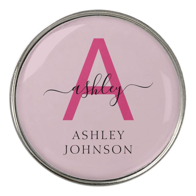 Monogram Stylish Modern Hot Pink Golf Ball Marker (Front)