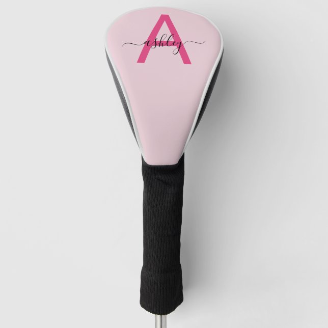 Monogram Stylish Modern Hot Pink Golf Head Cover (Front)