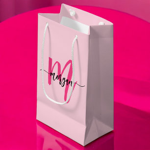 Monogram Stylish Modern Hot Pink Small Gift Bag