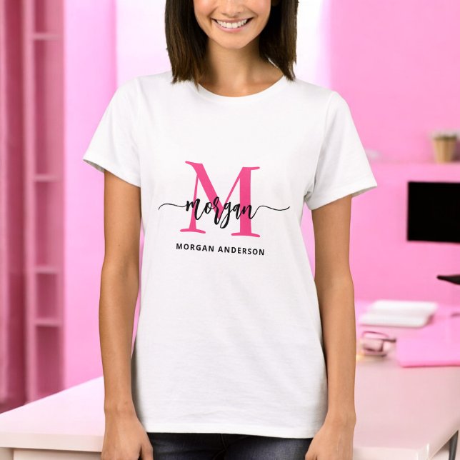 Monogram Stylish Modern Hot Pink T-Shirt (Creator Uploaded)