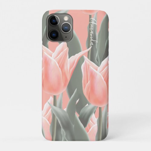 Monogram  Stylish Peach Tulips Flowers iPhone 11 Pro Case