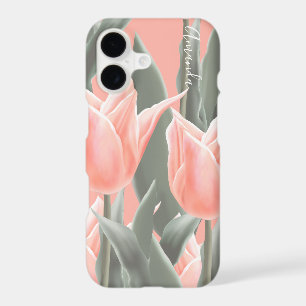 Monogram & Stylish Peach Tulips Flowers iPhone 17 Case