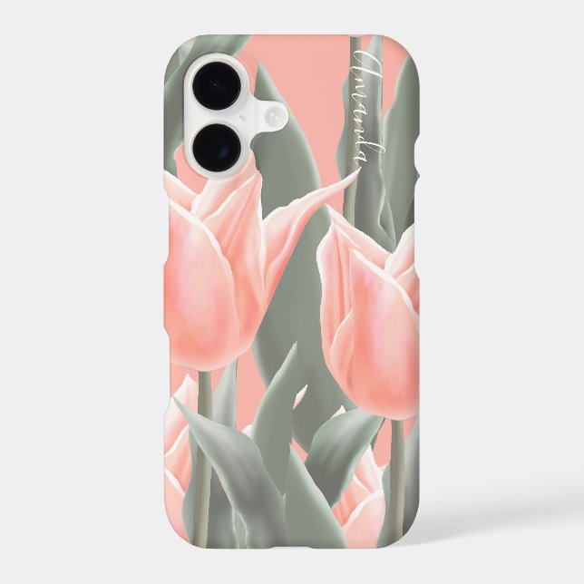 Monogram & Stylish Peach Tulips Flowers Case-Mate iPhone Case (Back)