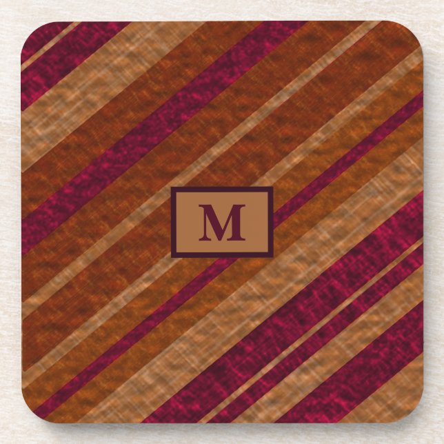 Monogram Stylish Purple Brown Diagonal Stripes Beverage Coaster (Front)