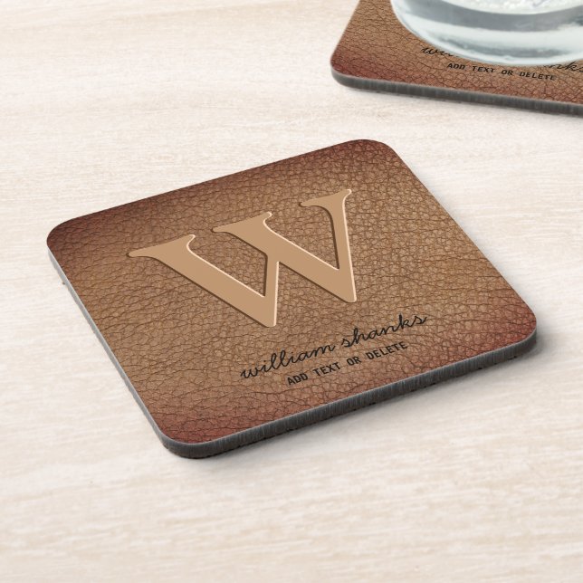 Monogram stylish rustic leather black gold script beverage coaster (Left Side)