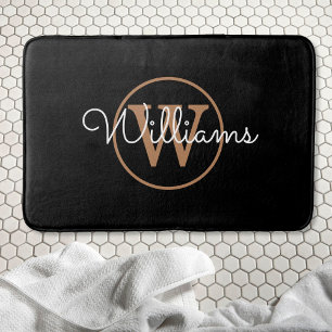 Monogram Stylish Script Black Gold Bath Mat