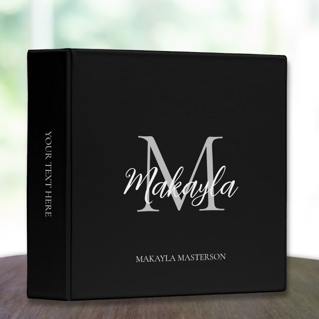 Monogram Stylish Script Office School Black 3 Ring Binder (Creator Uploaded)