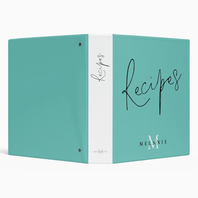 Monogram Stylish Script Teal Recipe 3 Ring Binder (Background)