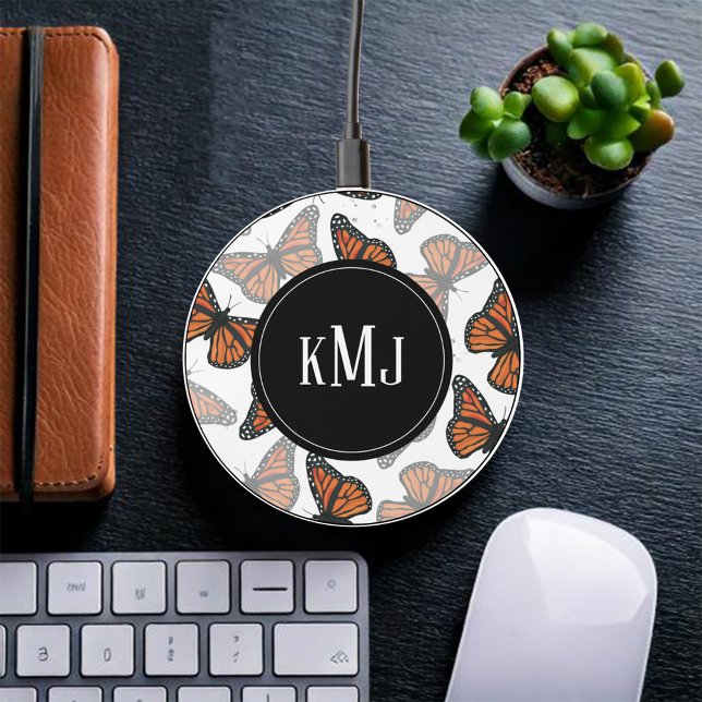 Monogram Stylish Simple Botanical Butterflies Wireless Charger (Simple monogram initials personalized phone charger. )