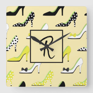 Monogram Stylish Yellow High Heels Square Wall Clock