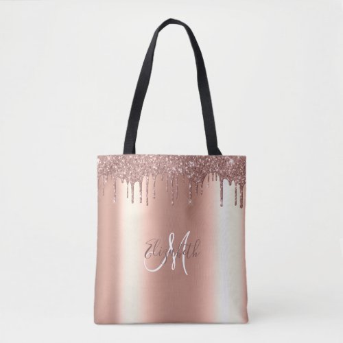 Monogram Stylist Rose Gold Gitter Drips Metal Tote Bag