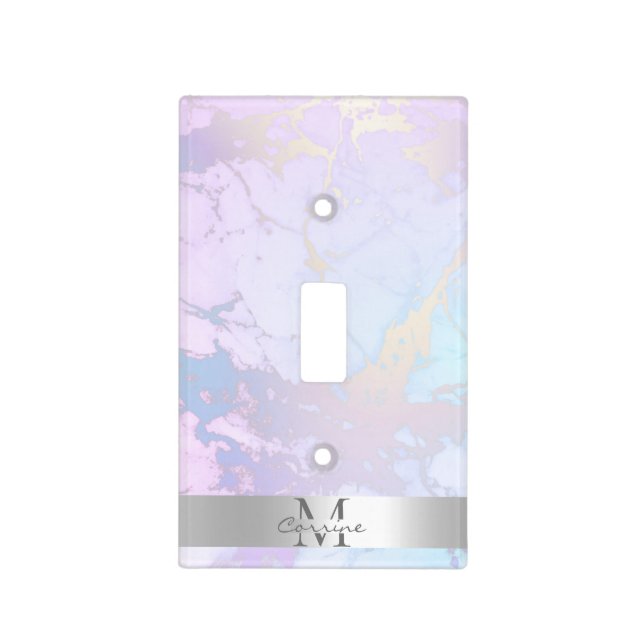 Monogram Subtle Iridescent Marble Metallic Silver Light Switch Cover (Front)