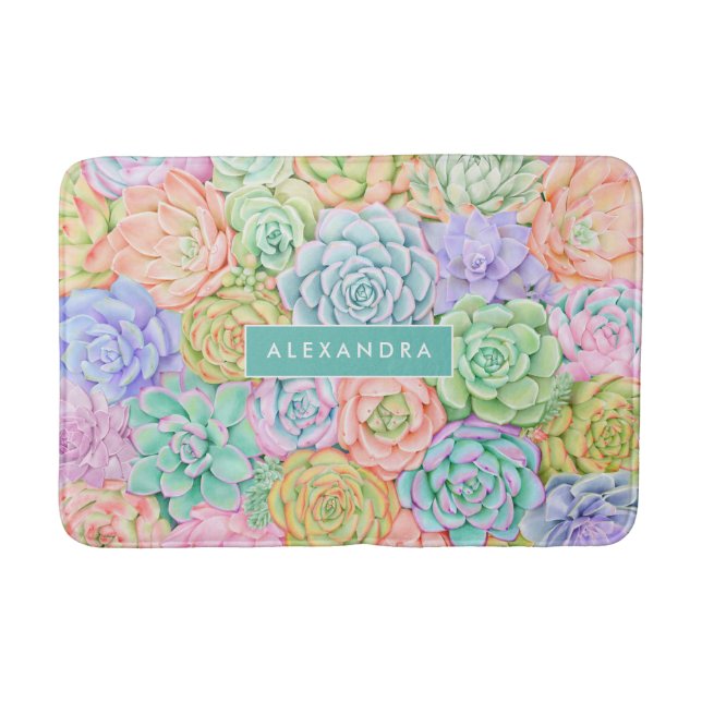 Monogram Succulents Watercolor Colorful Pastel Bath Mat (Front)