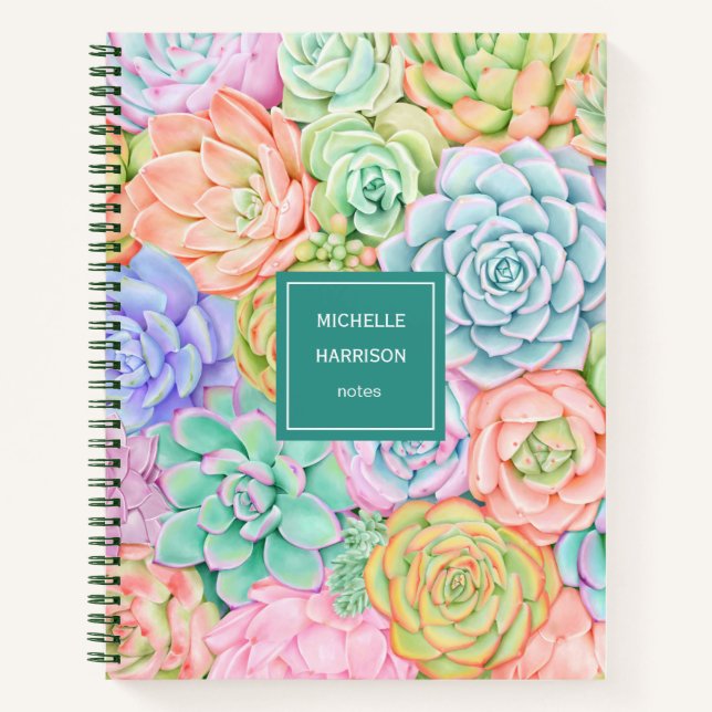 Monogram Succulents Watercolor Colorful Pastel Big Notebook (Front)