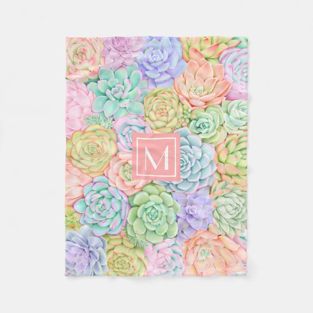 Monogram Succulents Watercolor Colorful Pastel Fleece Blanket (Front)