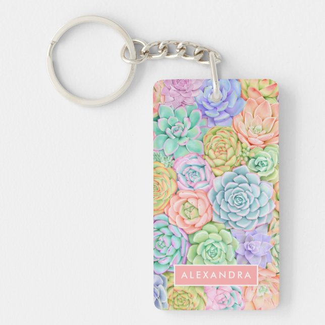 Monogram Succulents Watercolor Colorful Pastel Keychain (Front)