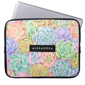 Monogram Succulents Watercolor Colorful Pastel Laptop Sleeve by StyleDesignLove at Zazzle