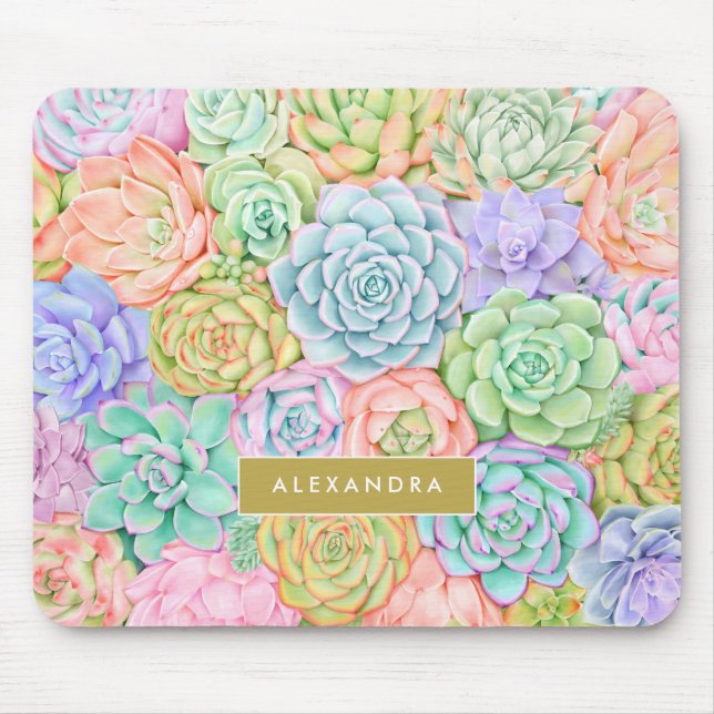 Monogram Succulents Watercolor Colorful Pastel Mouse Pad (Front)