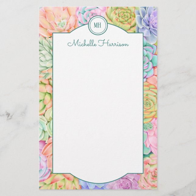 Monogram Succulents Watercolor Colorful Pastel Stationery (Front)