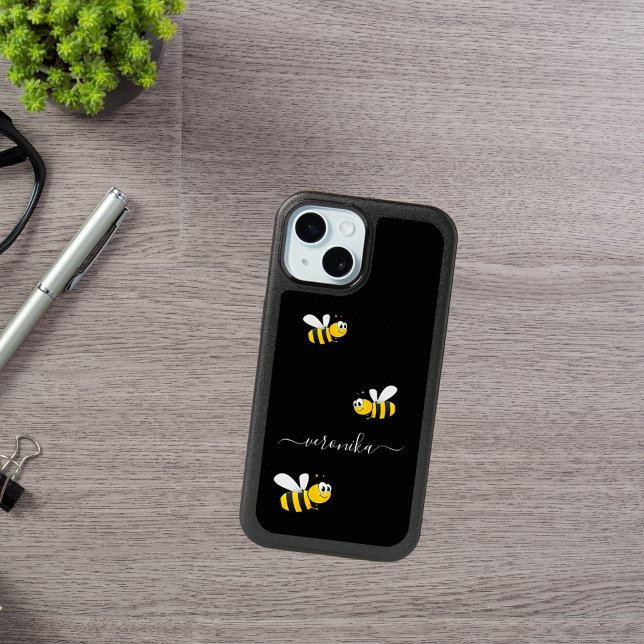 Monogram summer bees yellow black happy iPhone 15 case (Creator Uploaded)