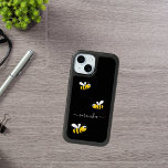 Monogram summer bees yellow black happy iPhone 15 case<br><div class="desc">Decorated with happy, smiling yellow and black bumblebees. A chic black background. Personalize and add your name. The name is written with a modern hand lettered style script. White colored letters. To keep the swashes only delete the sample name, leave the spaces or emoji's in front and after the name...</div>